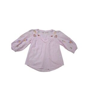 Roller Rabbit Embroidered Top Blouse Cotton Flax Pink Floral XXS B17.1